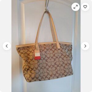 Coach Beige/Brown Signature Canvas and Leather Shopper Zip Tote Large